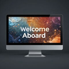 Desktop Monitor showing Welcome Aboard message for new hire, new hire welcome aboard greeting on computer monitor, corporate new hire welcome message on grey background