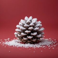 Pine cone dusted with snow on matte red backdrop for christmas, Pine cone with snow on red background, Pine cone decoration for christmas on red background