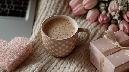 Flat lay featuring a cozy workspace with a laptop, coffee cup, Valentine gifts, and fresh flowers, creating a warm atmosphere for remote work and celebration