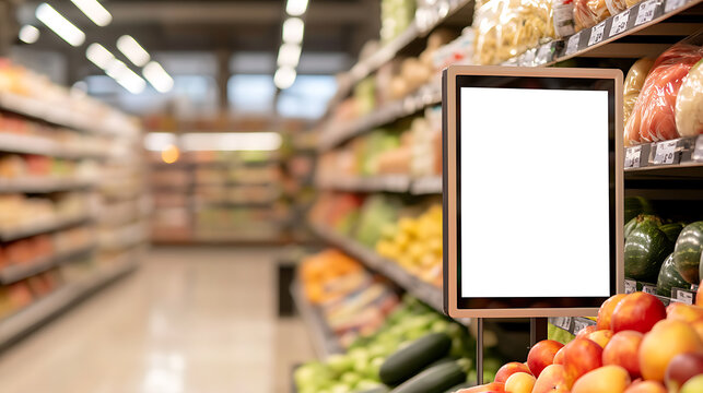 Fresh produce aisle with digital advertising screen featuring white space for text/image. Includes peaches, watermelons, cucumbers, tomatoes, corn, etc.