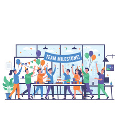 Office scene of people decorating the workplace, teamwork, celebration