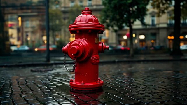 A bright red cylindrical fire hydrant stood tall on the wet road.