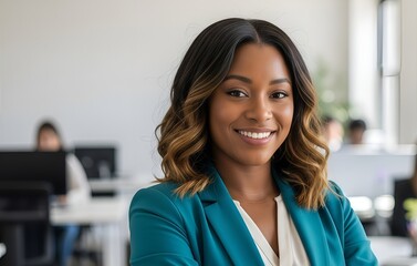 Fototapeta premium Portrait of a female African plus-size manager asian businesswoman CEO confident and standing front of modern office 