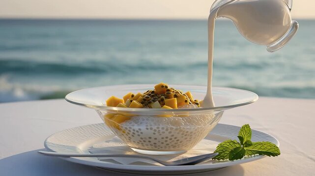 Preparing delicious tropical sago dessert with mango and coconut milk against the ocean view
