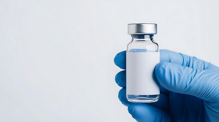 Holding a vaccine vial, gloved hand. Sterile setting, the vial gleams, promising solutions. The blank label hints at possibilities. Healthcare at its core.