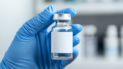 Vaccine vial held by a medical professional wearing blue gloves against a blurred background. Focus on health, prevention and innovation in medical field.