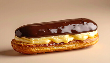 Chocolate eclair filled with creamy custard, appetizing and delicious French dessert. Sweet food.