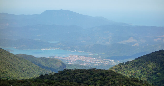 Panoramic aerial view of the bay of Paraty in Rio de Janeiro, Brazil. View from Pedra da Macela rock peak