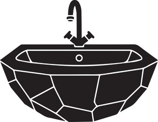 Black silhouette of a modern geometric faceted sink with a faucet and drain bathroom plumbing
