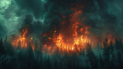 Panoramic night forest under a raging thunderstorm, vivid lightning tearing across the dark sky, hyper-realistic atmosphere in the moody cinematic style of Adam Jones.