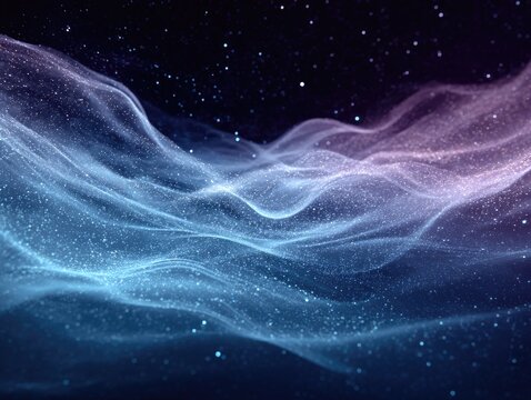 Abstract digital art depicting shimmering, ethereal waves of blue and purple particles against a dark, starry background, creating a mystical flow. - Powered by Adobe