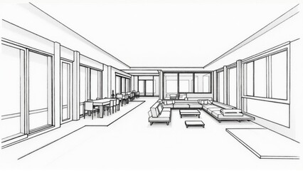 A drawing of a living room with a couch and a table