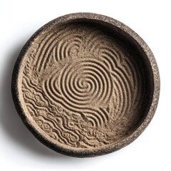 Naklejka premium A miniature Zen garden features sand raked into serene patterns, including a central spiral and calming waves within a dark, circular tray.