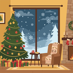 View from inside a cozy room, snow falling outside, Christmas tree near window