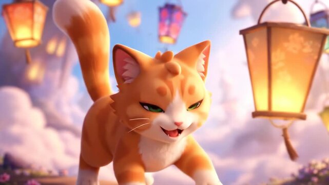Animated orange kitten reaching upwards with decorative lanterns