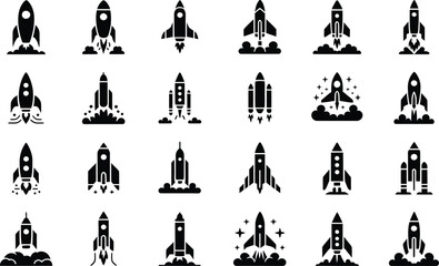 Collection of diverse black silhouette rocket ship icons and illustrations representing space exploration and futuristic travel launching into the sky with stylized flames and exhaust