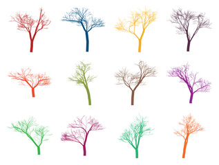 Fototapeta premium Collection of Colorful Silhouetted Trees Isolated on White Background Display
