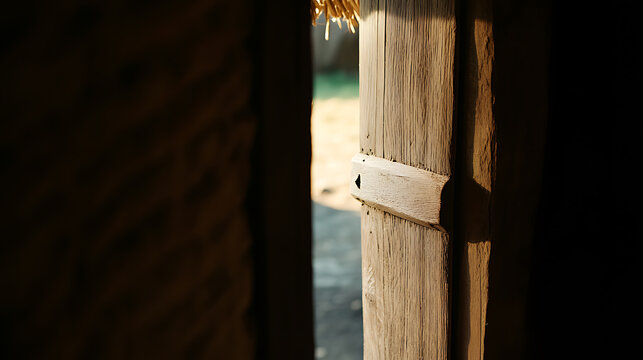 A partially opened rustic wooden door with straw detail reveals a glimpse of an outdoor setting in soft, natural light, creating an inviting threshold.