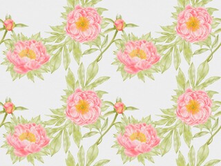 Coral Peonies Seamless Pattern – Watercolor Floral Design on White Background