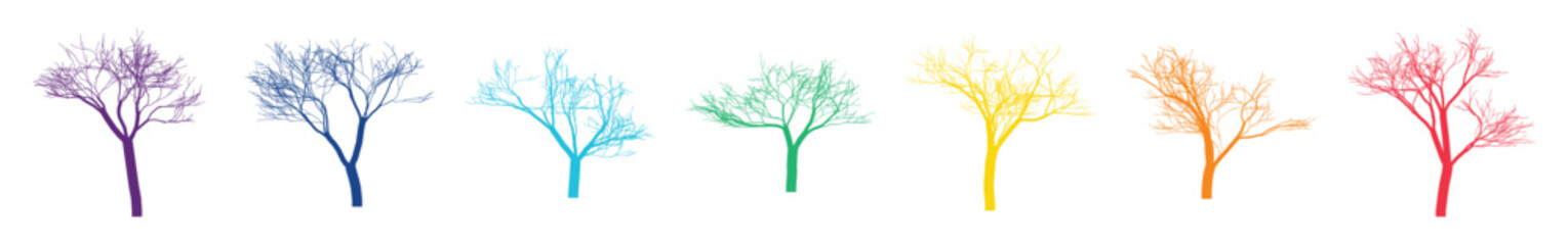 Obraz premium Vibrant spectrum of abstract leafless trees in a linear arrangement isolated