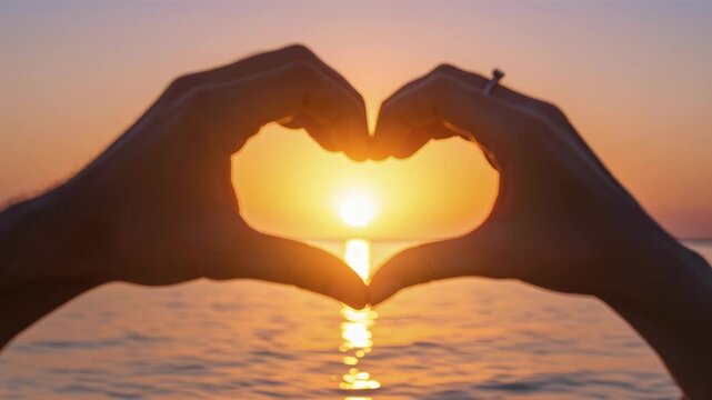 Couple hands form heart shape silhouette framing beautiful golden sunset over sea on the beach