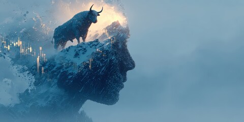 Bull of success rising from human mind financial growth concept