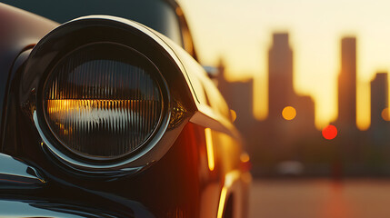 Vintage car headlight glows warmly against a blurred cityscape at sunset, blending classic design with urban ambiance. Retro aesthetics meet the vibrant city lights.