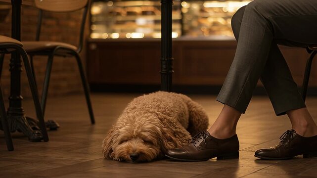 Cute cockapoo dog sleeping at feet of its owner in pet friendly modern cafe or restaurant