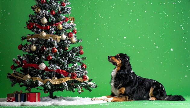 Christmas tree and a dog on the left of the screen, on the green screen, copy space design