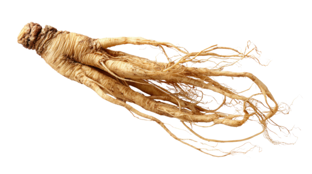 Fresh ginseng root, a traditional herbal medicine, displaying its unique texture and branching rootlets, isolated on a transparent background. background removed