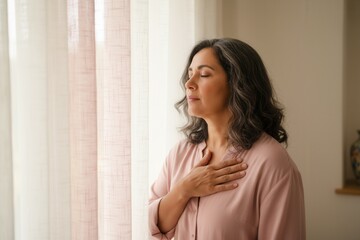 Middle-aged woman with hand on chest practicing mindfulness. Self-care and wellness during menopause. Managing symptoms like hot flashes