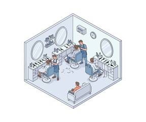 Isometric illustration of barbers working in modern hair salon