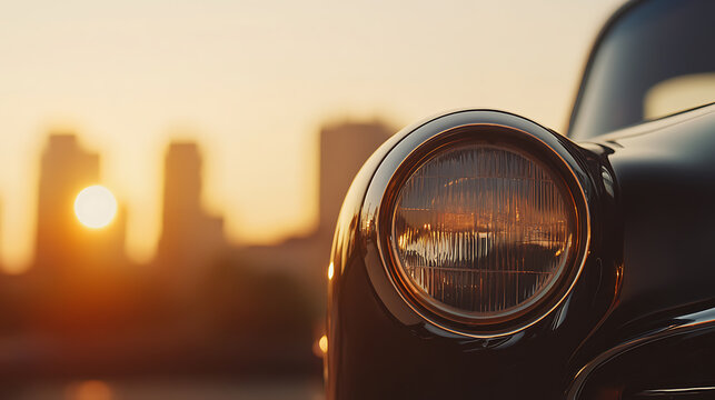 Vintage car headlight in sharp focus, radiating classic charm against a city skyline sunset. Reflections of the city gleam in the car's shiny, dark finish.