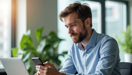 Young man using smartphone and laptop, working remotely in modern office. Young entrepreneur uses smartphone and laptop near green indoor plants.