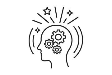 Black and white thin line vector icon of a human head with gears and stars, representing imagination, creative thinking, and innovation for design or education visuals.