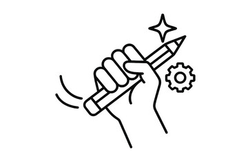 Black and white thin line vector icon of a hand holding a pencil with gear and star, representing artistic creativity, design inspiration, and innovation.