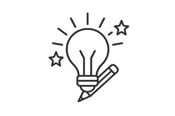 Minimalist linear icon showing light bulb and pencil as symbols of creative thinking, originality, and innovative design concepts in art and business.