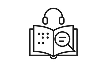 Black and white thin line vector icon of an open book with magnifier and braille, representing inclusive education and accessible learning with assistive technology.
