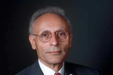 Portrait of a dignified man in a suit and tie. His gray hair and round glasses frame a face etched with wisdom, set against a muted grey background. He exudes intellect and calm.