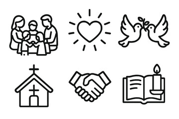 Set of six black and white cartoon vector icons of faith, family, and blessings including doves, Bible, and prayer scenes, perfect for Thanksgiving and spiritual gratitude themes.