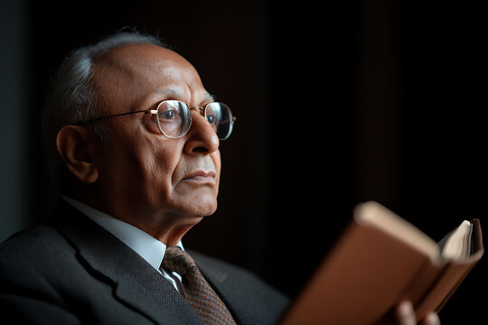 An elderly man, dressed formally, is intently reading a book. The soft light and dark background add to the contemplative mood, highlighting the wisdom that comes with age. - Powered by Adobe