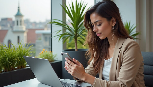 Elegant woman with laptop uses her smartphone indoors, modern technology connecting her. Business woman checks her phone near computer, staying updated and managing tasks efficiently.