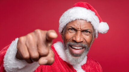 Senior Man in Santa Costume Pointing with a Joyful Expression