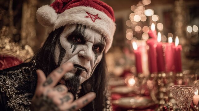 Man with Dark Makeup Wearing Santa Hat at Candlelit Table