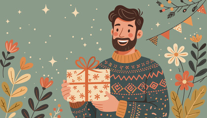 Man in a sweater holding a birthday gift with a joyful expression against a festive background