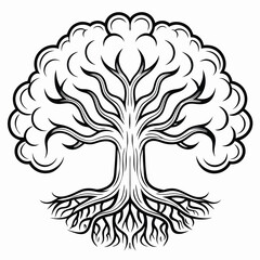 Ornate tree drawing exhibits bold black lines with visible detailed root structure and rounded canopy