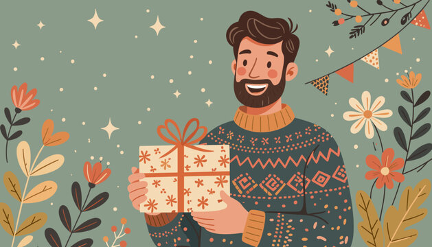 Man in a sweater holding a birthday gift with a joyful expression against a festive background