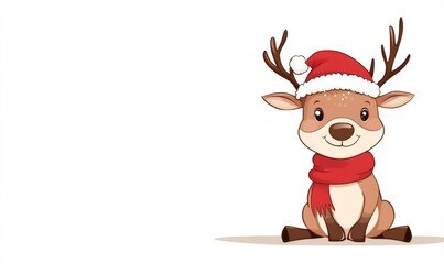 Fototapeta premium Cartoon reindeer sitting and smiling, wearing a festive hat and scarf for holidays