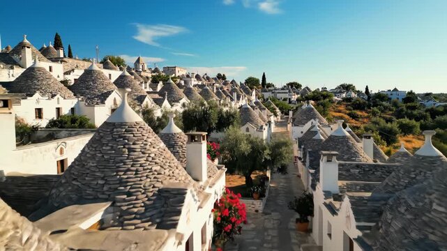 Aerial journey over trulli village capturing historic architecture and scenic beauty