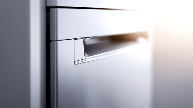 A close-up showcases the sleek handle of a modern appliance. The minimalist design emphasizes clean lines and reflective surfaces, with a bright glow adding to the high-end aesthetic. - Powered by Adobe
